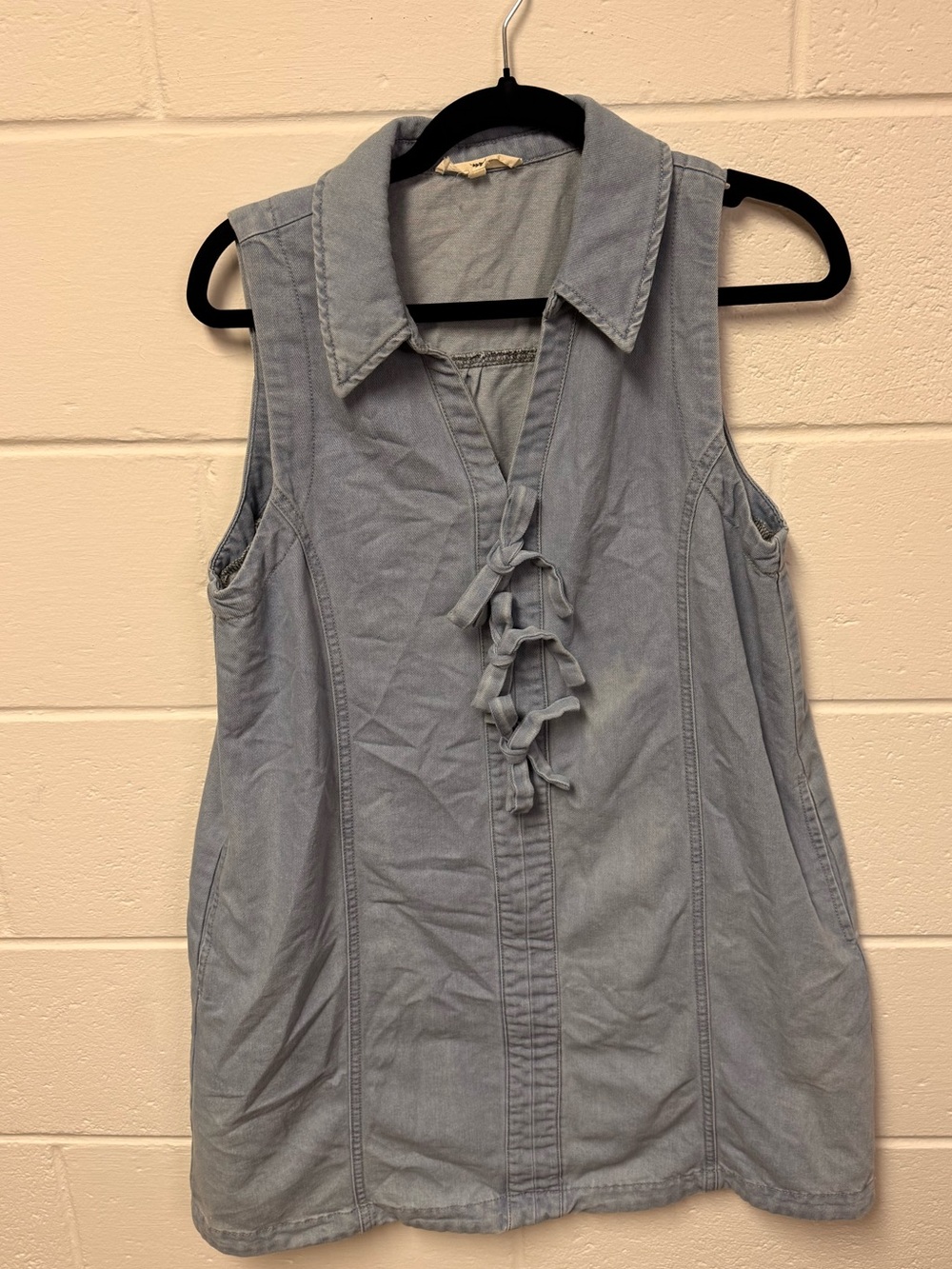 Blue Jean Sleeveless Chambray Tie-Front Dress